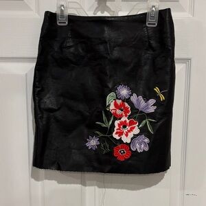 H&M Black Faux Leather Pencil Skirt with Floral Embroidery